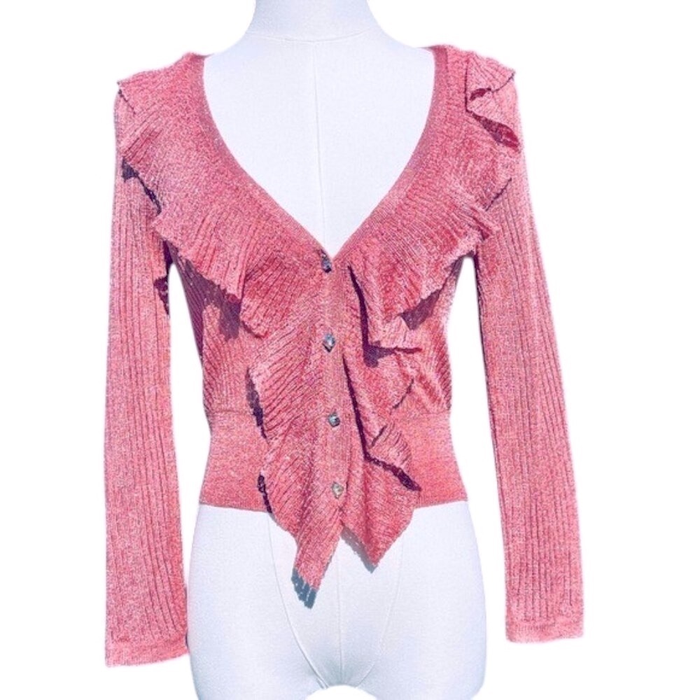Betsey Johnson Y2K Vintage Pink Metallic Crop Ruffle Cardigan Sweater NWT